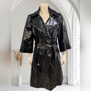 WD.NY Vtg 90s Black Genuine Patent Leather Belted Double Breasted Trench Coat 12